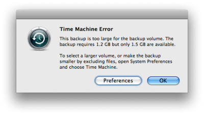 This backup is too large for the backup volume... error message