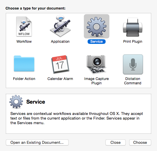 Automator New Document Panel