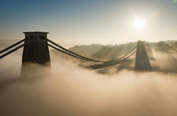 Clifton Suspension Bridge in fog.