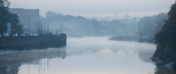 The end of the Avon Gorge, looking towards the city, on a misty morning