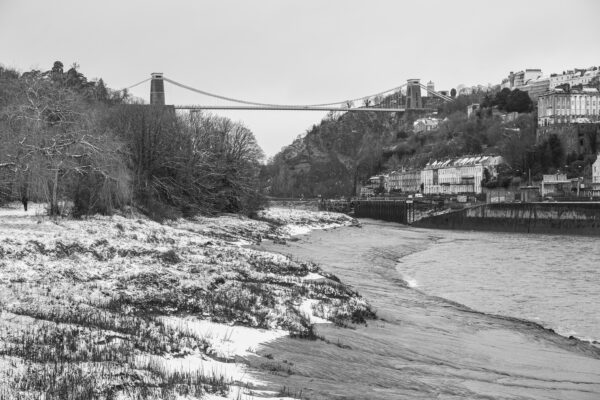 Avon gorge with snow on the banks, looking toward the Suspension Bridge