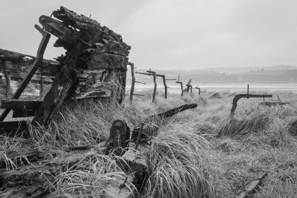 Abandoned hulk of a boat deliberately sunk to stabilise the shoreline, Purton