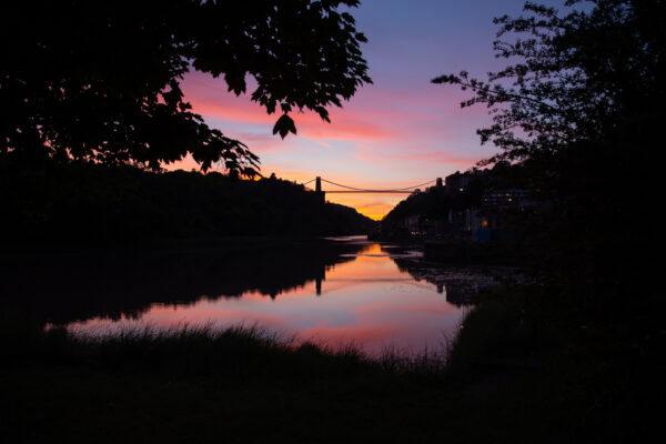 Clifton Suspension Bridge at sunset, from the tip of Spike Island