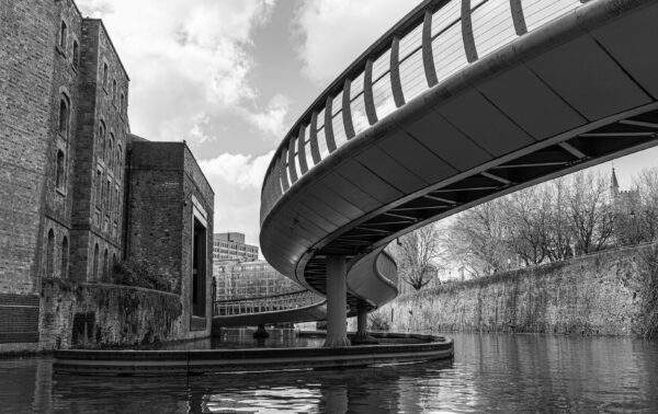 Bristol's Castle Bridge sinuously crosses the harbour in a shot taken from a Bristol Ferry boat directly below.