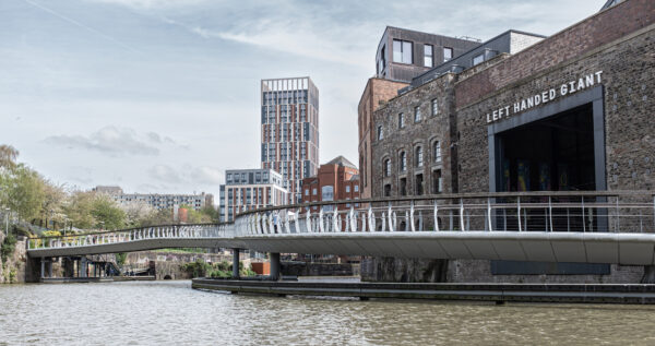 Castle Park Bridge in Bristol, stretching across the water in a picture taken from one of the Bristol Ferry boats.